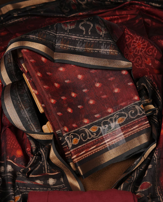 Dark Maroon colour churidar material featuring a subtle dotted printed body, paired with an intricately printed maroon dupatta.