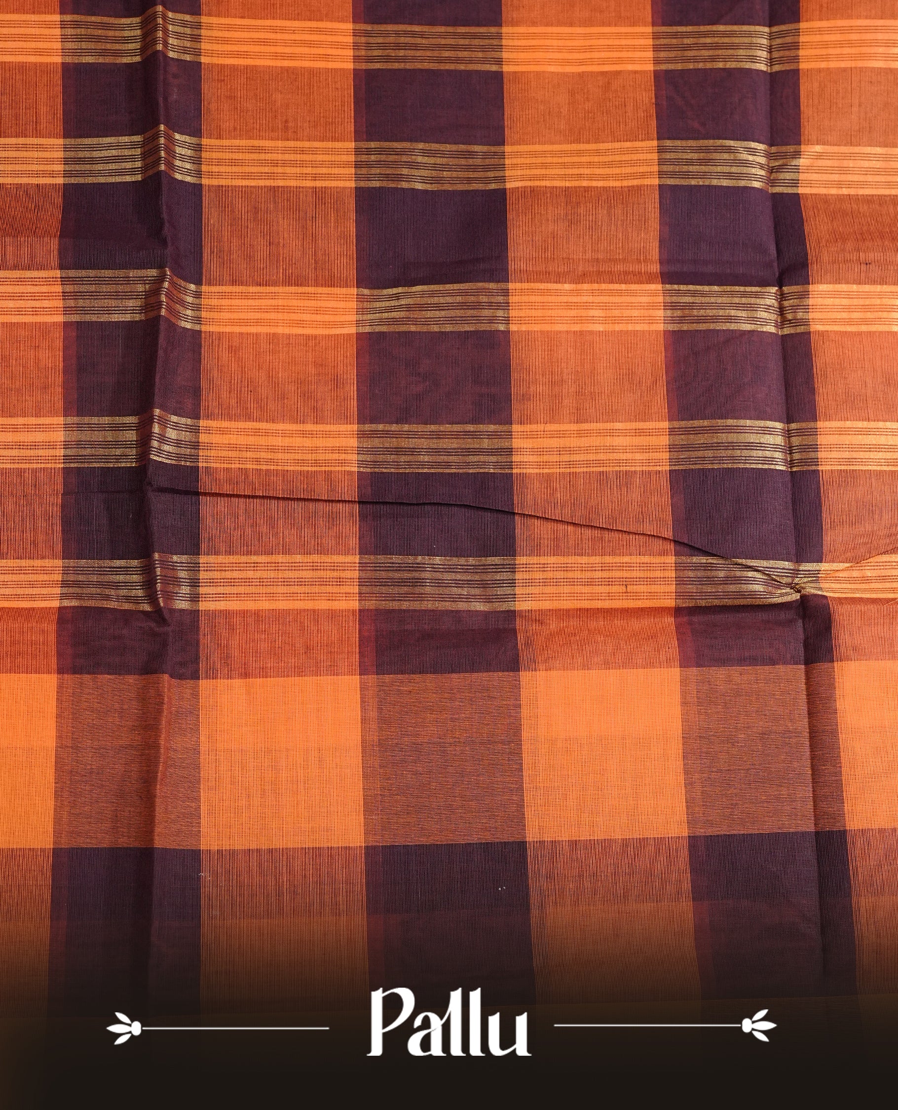 Deep purple & Orange colour chettinad cotton saree featuring check pattern on body, complemented by Self Colour with gold zari border, comes with matching blouse piece.