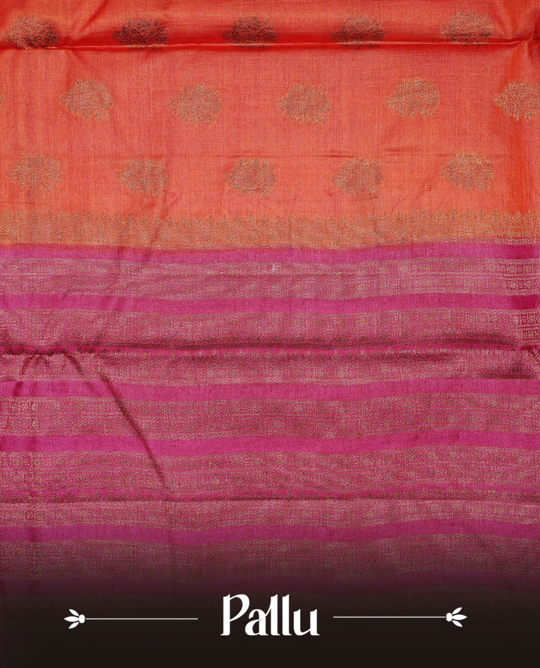 Rust orange colour pure tussar Banaras silk saree featuring elegant gold zari motifs across the body, complemented by a contrast magenta border with rich zari detailing. Comes with a matching blouse piece