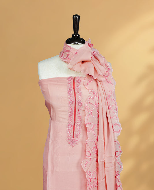 Baby Pink colour Salwar material Featuring Thread worked Body, Paired with Matching Bottom, Scalp Detailed Dupatta.
