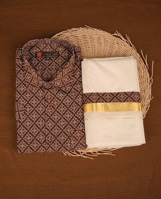 Chocolate Brown colour shirt featuring Cream colour Pattern printed body, paired with cream colour double dhoti featuring Gold kara with Same printed border.