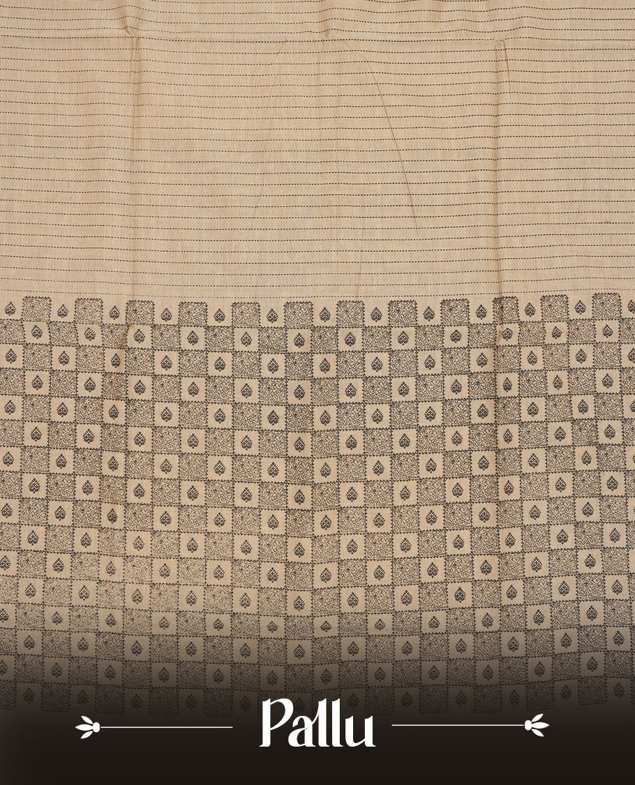 Dark Beige colour poly cotton saree with black vertical dotted line pattern on the body, paired with a matching pallu featuring black zigzag geometric border, and a coordinated all‑over black stylised fleur‑de‑lis printed blouse piece.