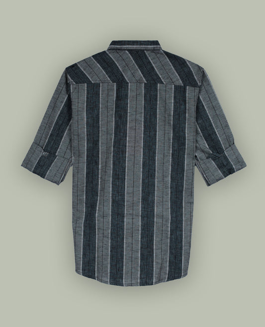 Grey colour striped shirt featuring a smart classic collar and comfortable full sleeves, Crafted in a soft fabric with a front button placket and minimal chest text print, giving a casual yet stylish appeal.
