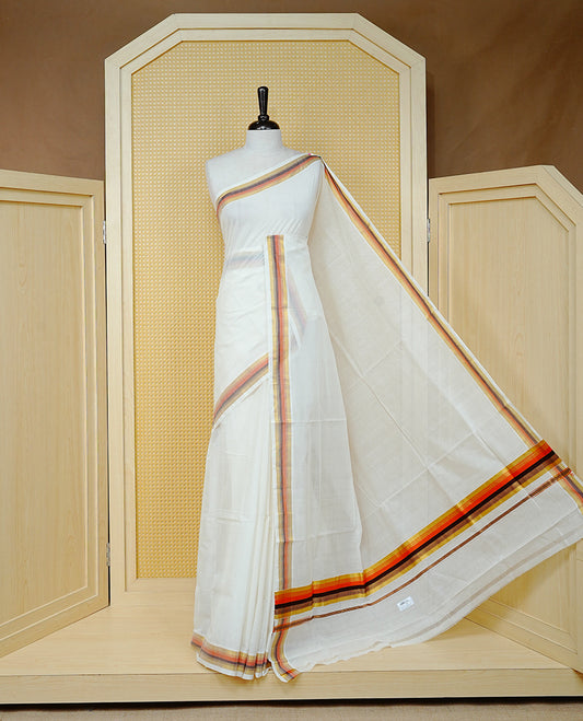 Cream colour Cotton kerala saree featuring Classy Plain body, complemented by Gold with Brown  & Orange zari border & Pallu, paired with matching blouse piece.