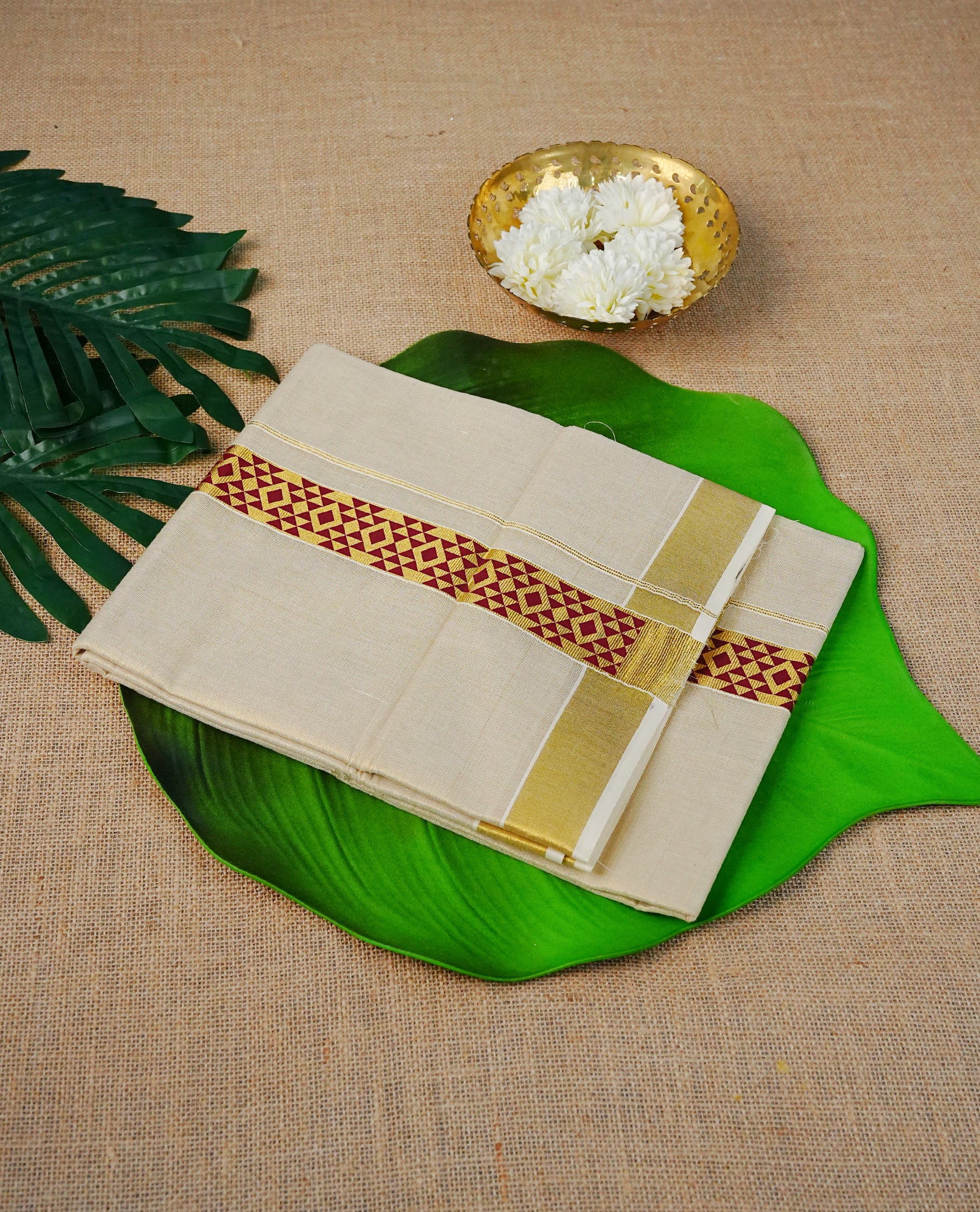 Cream Colour Tissue Double Dhoti Finished With A Classic Golden kasav With Maroon printed Digital print.