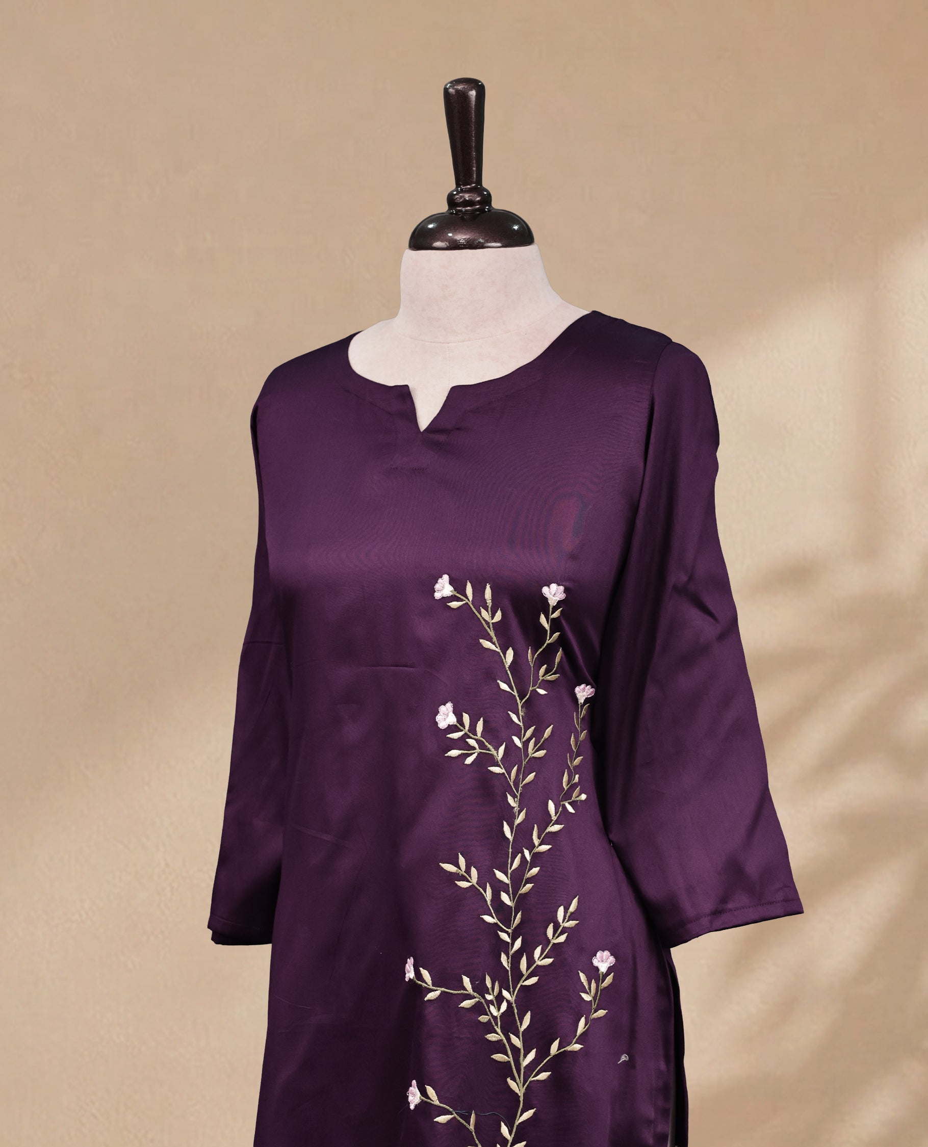 Violet  Colour Kurti Featuring U-Shaped Neckline, delicate  floral vine embroidery Work On Body & Sleeve