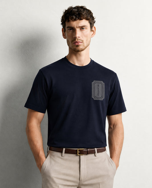 Dark Blue colour Tshirt featuring Round neck, Text on body and Half sleeve.