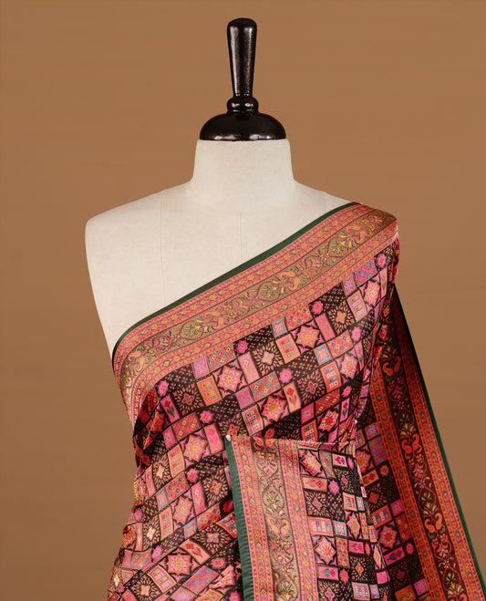 Black Pashmina Saree featuring multicolour geometric patchwork inspired woven design, enhanced with an intricate paisley woven border and richly detailed pallu, paired with a matching blouse piece.