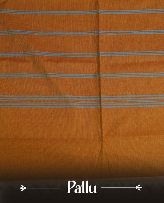 Brown colour chettinad cotton saree featuring elegant plain body, Contrast Maroon colour with Gold zari border, comes with matching blouse piece.