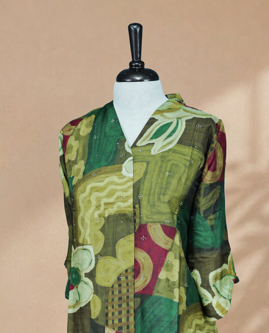 Multi Colour Kurti featuring an abstract Digital print On Body , a V-neckline, subtle Stone detailing, and 3/4 sleeves.
