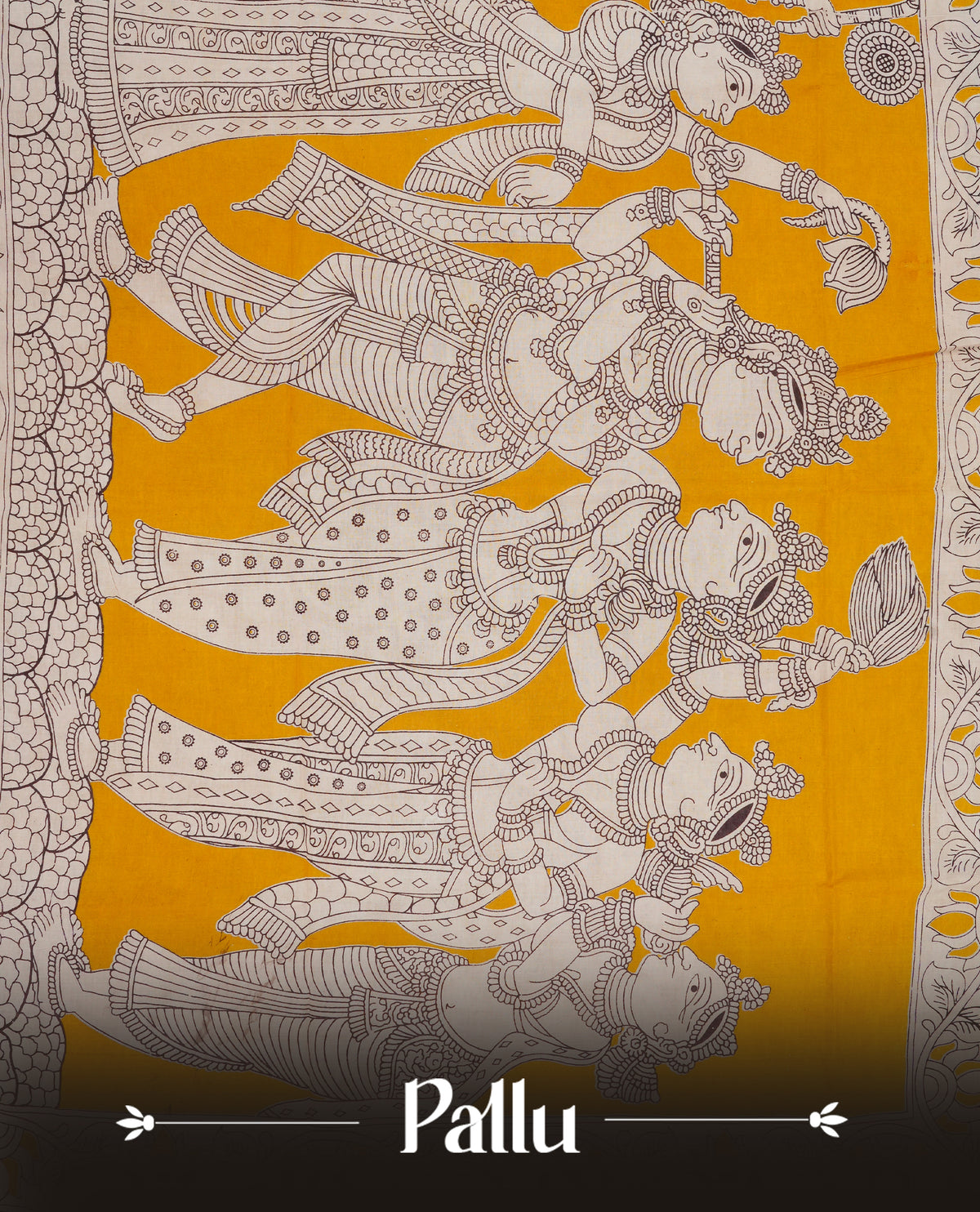 Cream , mustard yellow & red colour kalamkari cotton saree featuring kalamkari printed body & pallu, paired with a matching  contrast blouse piece.