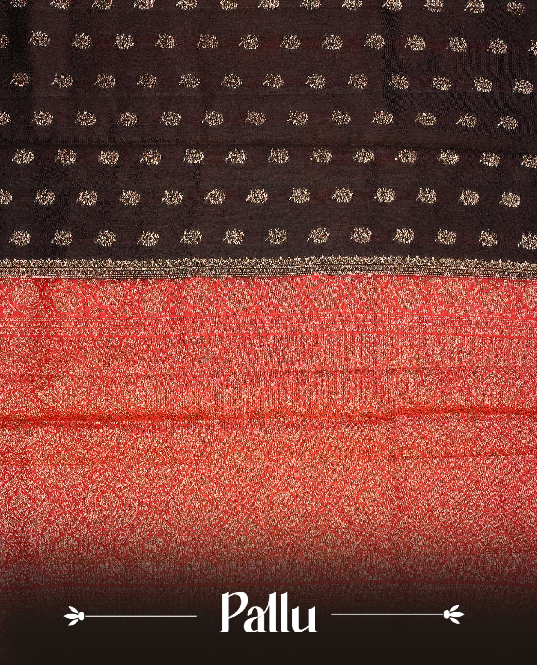 Chocolate colour Banaras tussar silk saree featuring elegant gold zari buttas across the body, complemented by a contrast Red border with rich zari detailing. Comes paired with a matching blouse piece.