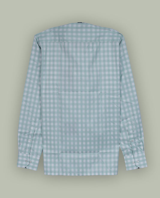 Mint green and white checkered long sleeve shirt made from lightweight cotton fabric & Features a classic collar, front button closure, and single chest pocket.