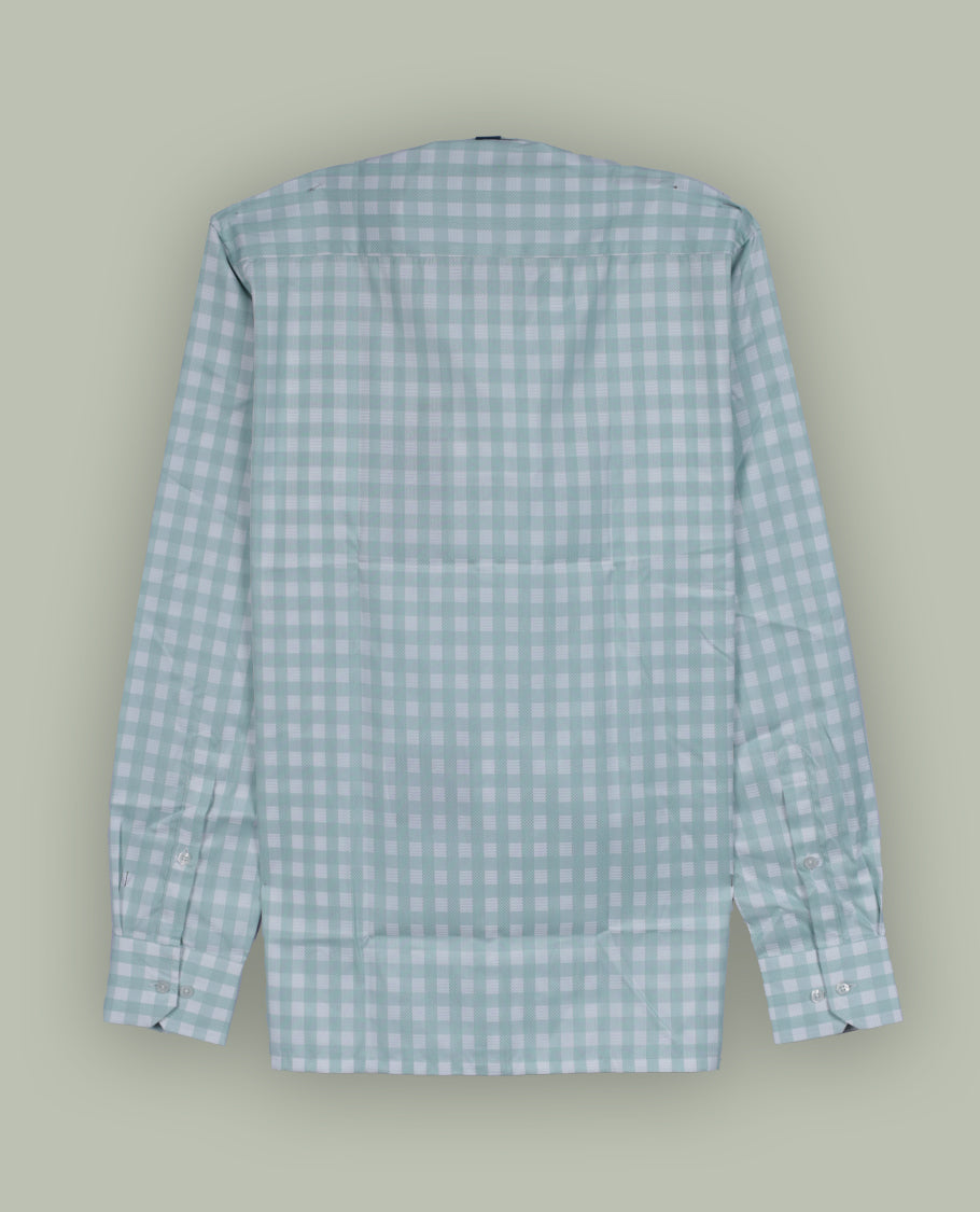 Mint green and white checkered long sleeve shirt made from lightweight cotton fabric & Features a classic collar, front button closure, and single chest pocket.