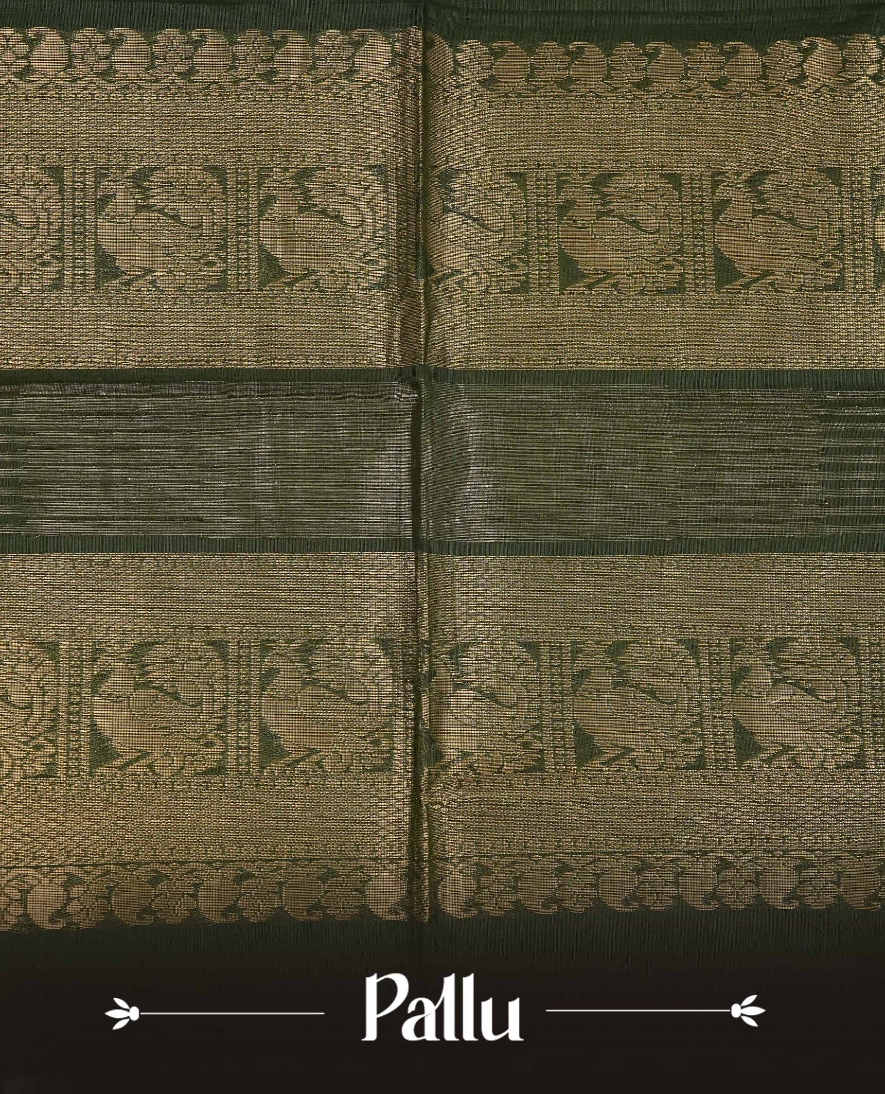 Dark Green Colour Chettinad Cotton Saree Featuring Gold Zari Checks with Peacock Motifs on the Body, Complemented by a Minimal Maroon Border and a Grand Gold Zari Pallu, Paired with a Matching Blouse Piece.