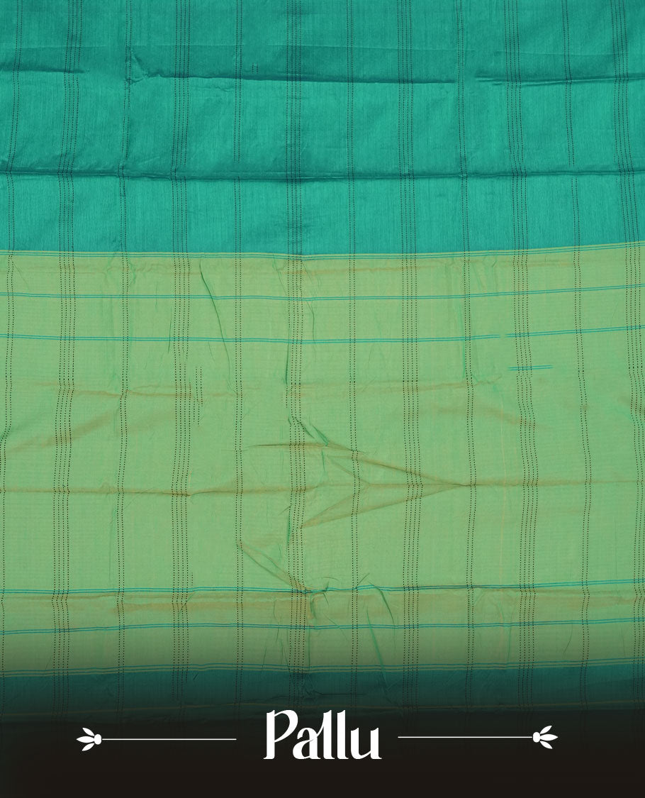 Pine green colour Narayanapattu cotton saree featuring a Dark blue colour stripped body, contrast Dark blue colour with Cream zari border and pallu, pairing a matching blouse piece.