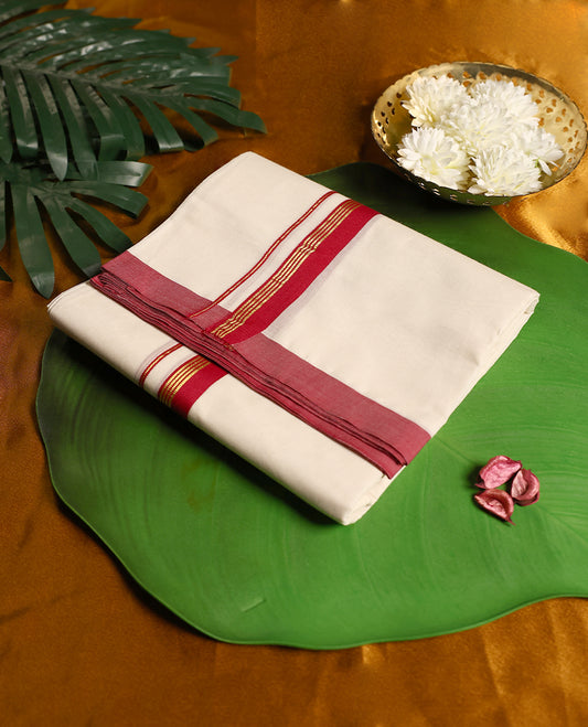 Ivory pure cotton double dhoti highlighted with a bold deep red zari border, blending traditional grace with breathable comfort, making it a perfect choice for rituals, temple visits, weddings, and festive wear.