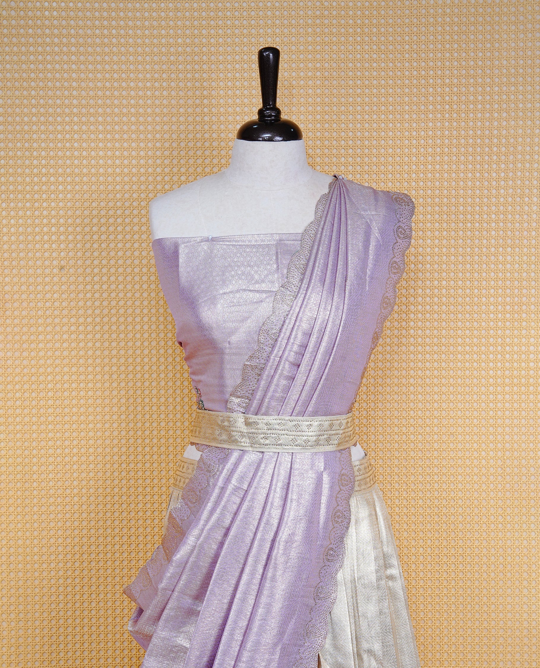 Light gold & Light Lavender Semi Stitched Dhavani Set Light Gold Skirt With Floral Pattern & Stone Worked Border, Paired with Unstitched Blouse, Elegant Dupatta For Prefect look.