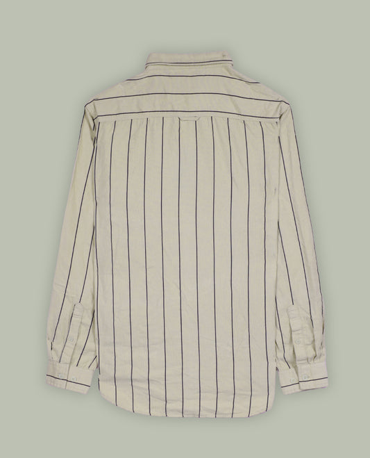Beige colour shirt featuring sleek black vertical lines for a modern appeal, Designed with a classic collar and full sleeves, this versatile piece blends style and comfort, perfect for both formal and casual occasions.