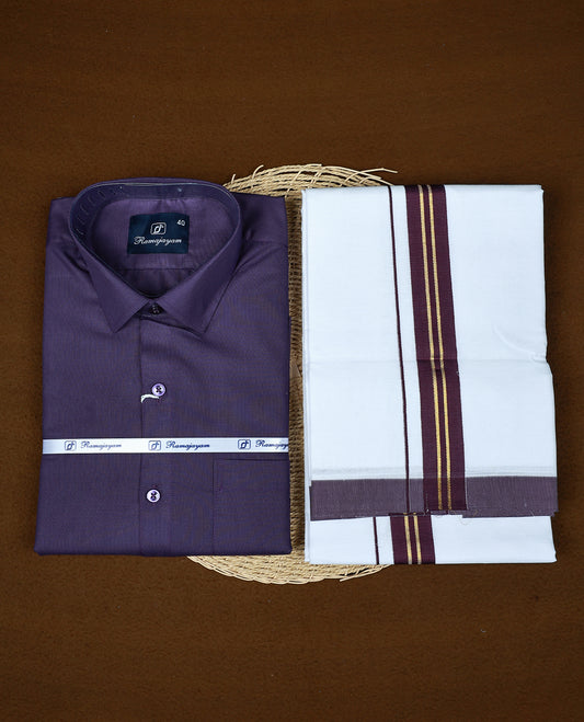 Purple colour RAMAJAYAM shirt paired with a matching dhoti, finishing with a Purple & gold kara