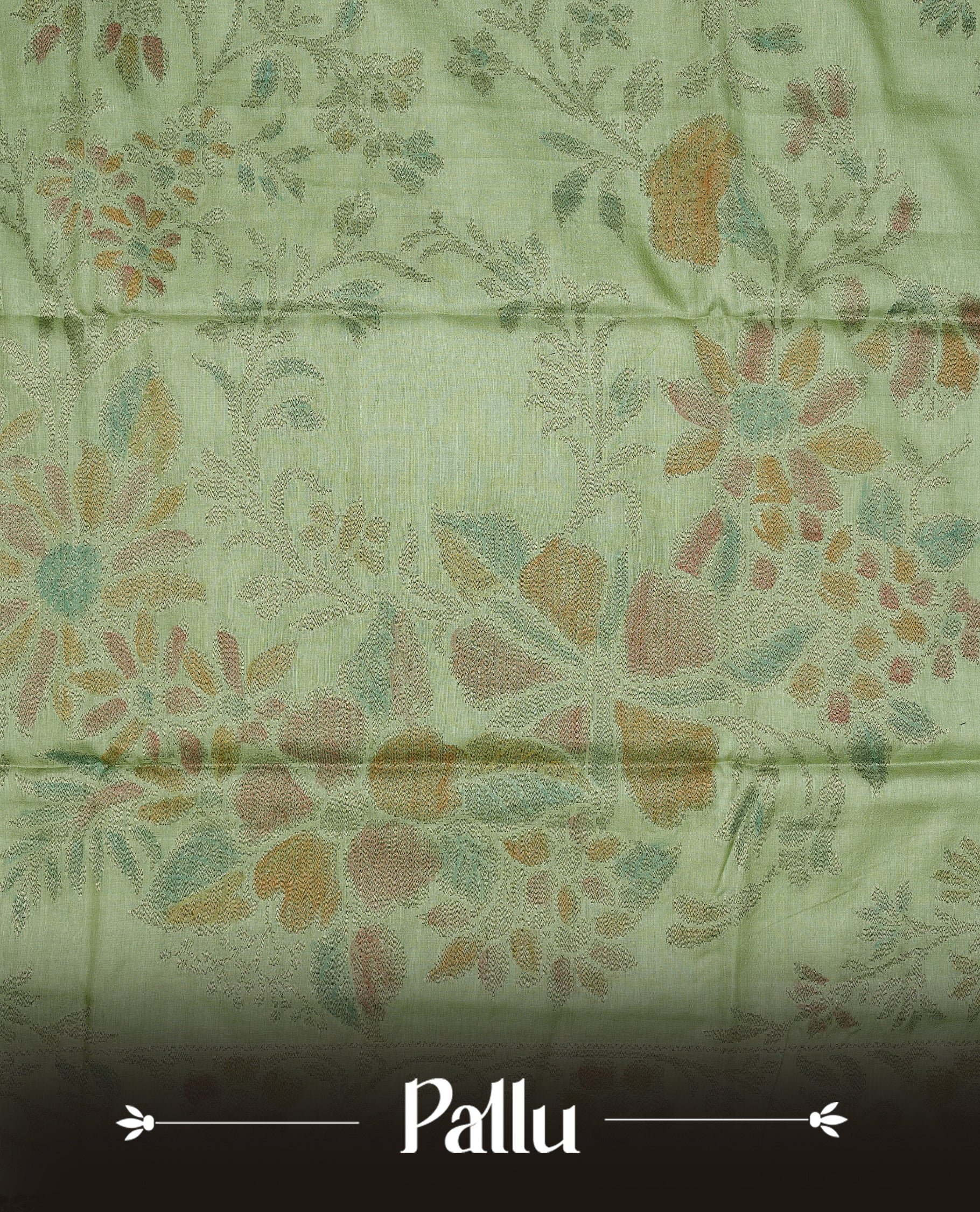 Pastel green colour pure tussar silk saree featuring elegant antique zari kodi patterns across the body, designed with a graceful borderless finish for a refined look. Paired with a matching blouse piece.