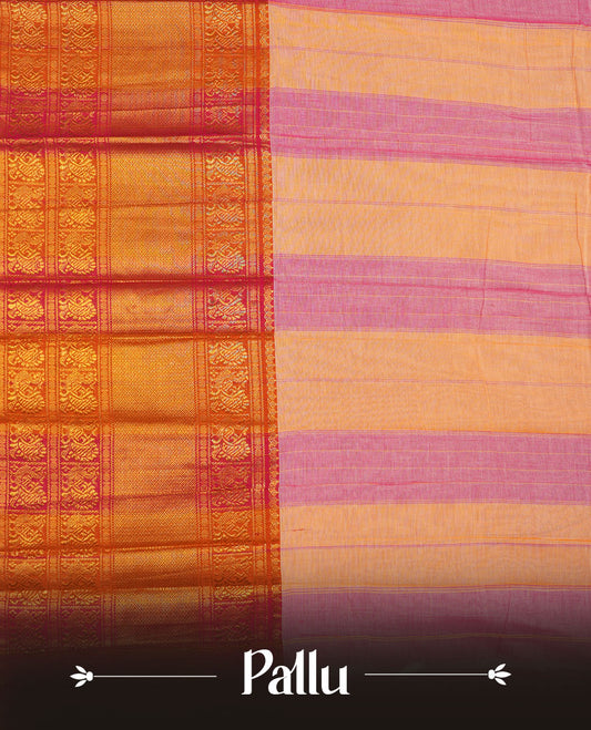 Pink colour Narayanapattu cotton saree featuring a self coloured body, contrast Rani pink colour with gold zari border and pallu, pairing a matching blouse piece.