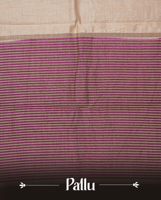 Light Gold Tussar saree featuring Gold zari buttas on body, complemented by contrast Purple Colour with Gold zari border, comes with matching blouse piece.