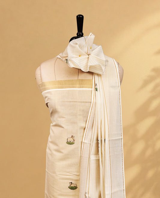 Cream Colour Tissue Salwar Material Featuring Lotus Print on body, paired with matching Bottom & Elegant Dupatta.