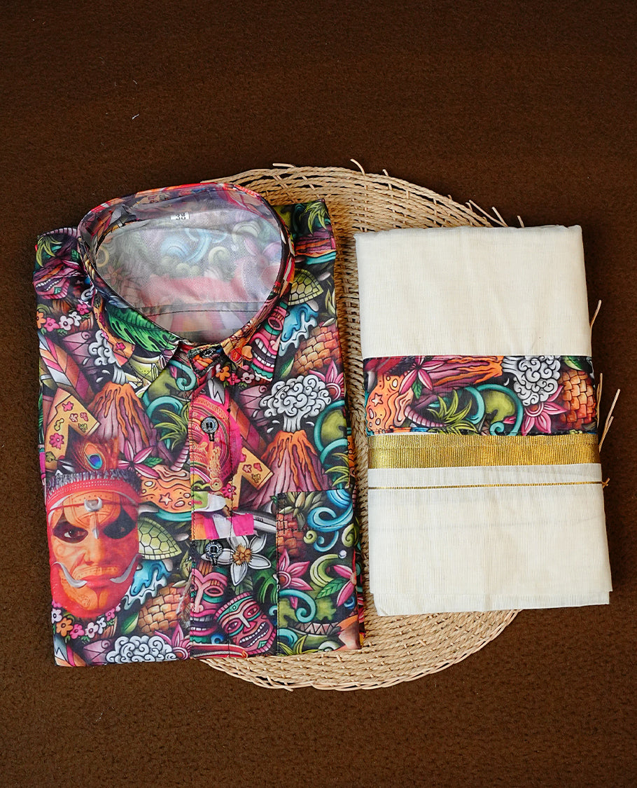 Kerala Art Form Printed Half-Sleeve Shirt, Paired with a Cotton Double Dhoti Featuring Matching Prints.