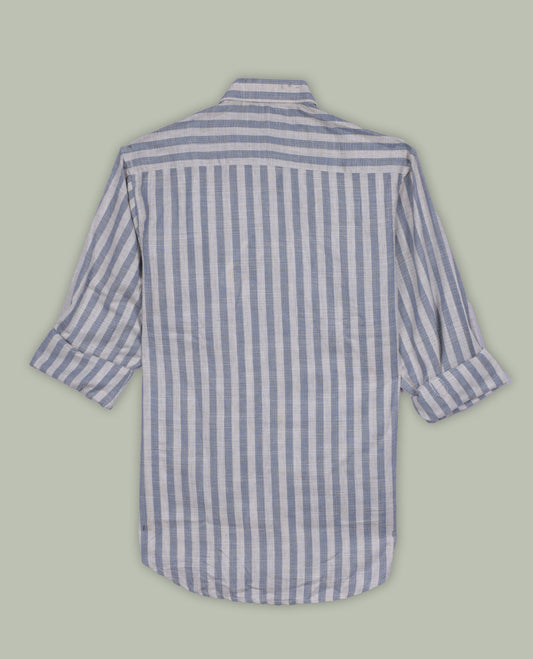 Beige and pastel blue colour striped shirt in soft cotton, featuring vertical lines for a sleek, timeless look, Designed with a classic collar and full sleeves, it blends effortless style with everyday comfort.