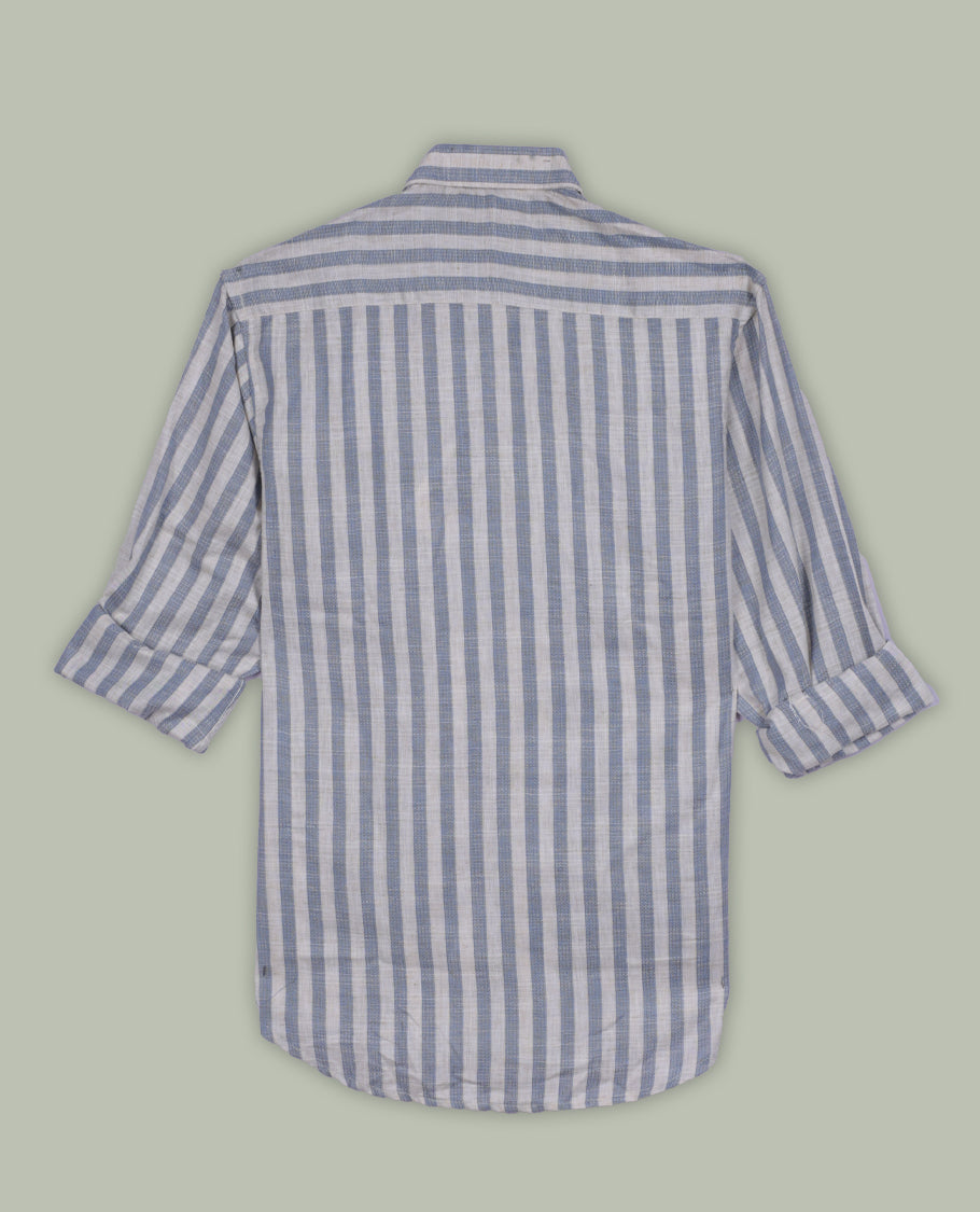 Beige and pastel blue colour striped shirt in soft cotton, featuring vertical lines for a sleek, timeless look, Designed with a classic collar and full sleeves, it blends effortless style with everyday comfort.