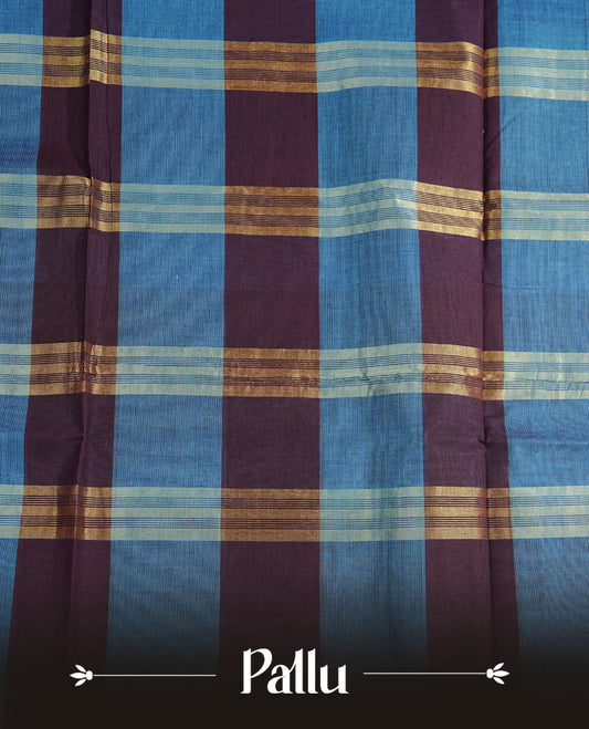 Blue & Purple colour chettinad cotton saree featuring check pattern on body, complemented by Self Colour with gold zari border, comes with matching blouse piece.