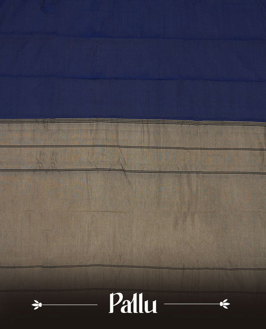 Navy blue colour Narayanapattu cotton saree featuring a self coloured body, contrast cream colour zari border and pallu, pairing a matching blouse piece.