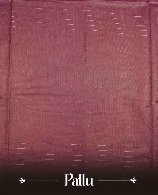 Burgundy colour semi jute saree highlighting gold zari stripped body with white motifs, without border and paired with matching blouse.