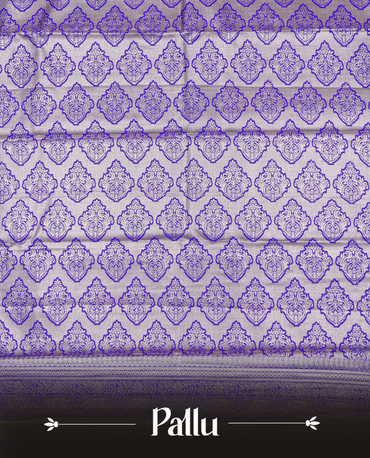 Pale Yellow colour Double shade Semi tissue silk saree featuring Gold & silver zari kodi pattern on body, contrast Violet colour with traditional border, paired with matching.
