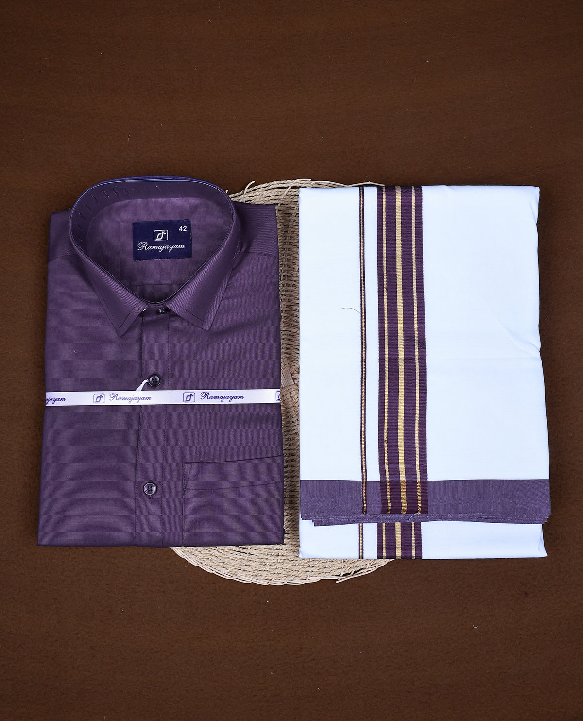 Purple colour RAMAJAYAM shirt paired with a matching dhoti, finishing with a Purple & gold kara