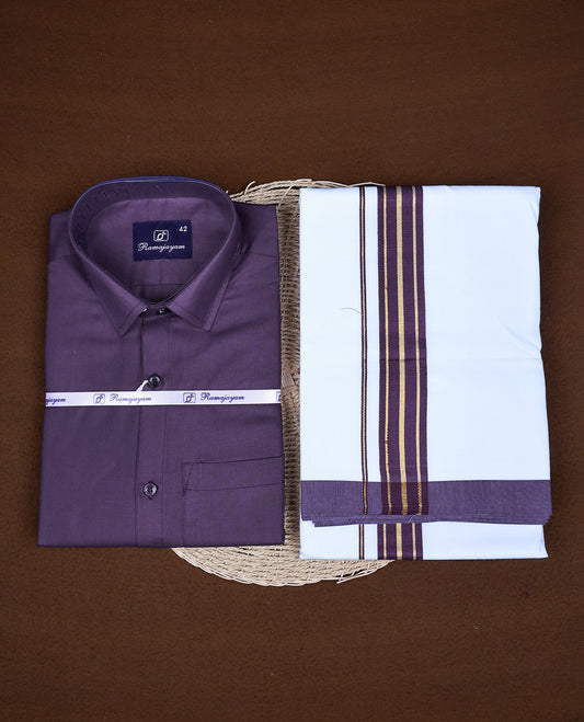 Purple colour RAMAJAYAM shirt paired with a matching dhoti, finishing with a Purple & gold kara