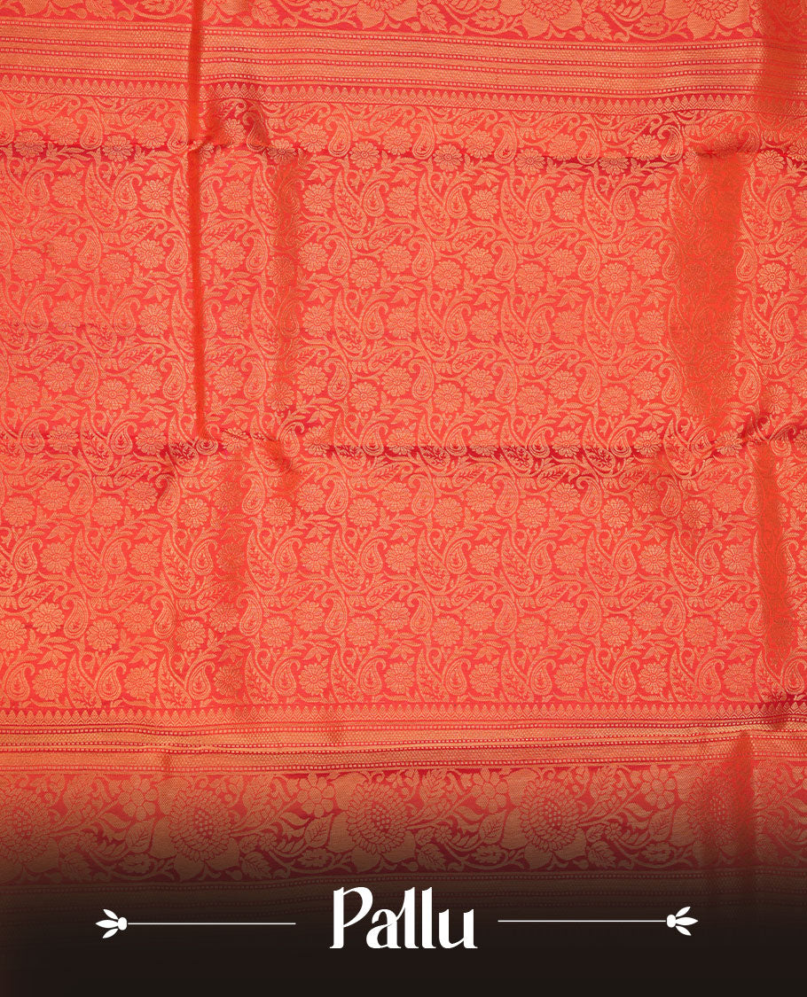 Peach orange colour kancheepuram silk saree featuring floral zari jacquard on body with traditional border, paired with matching blouse piece.