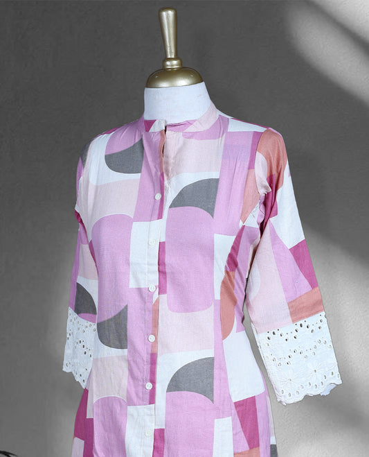 Pink and off white colour cord set featuring a geometric printed kurta with button-down front and lace detailed sleeves, paired with plain off white palazzo.