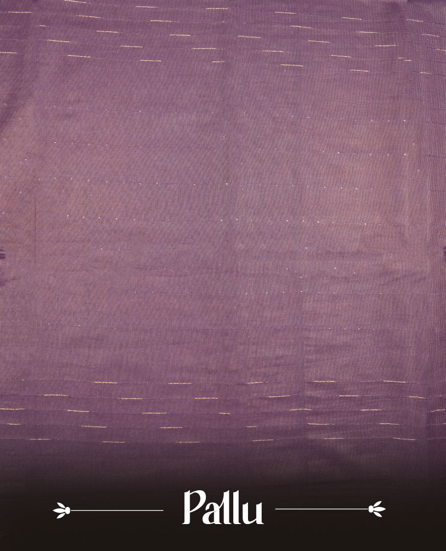 Purple colour semi jute saree highlighting gold zari stripped body with white motifs, without border and paired with matching blouse.
