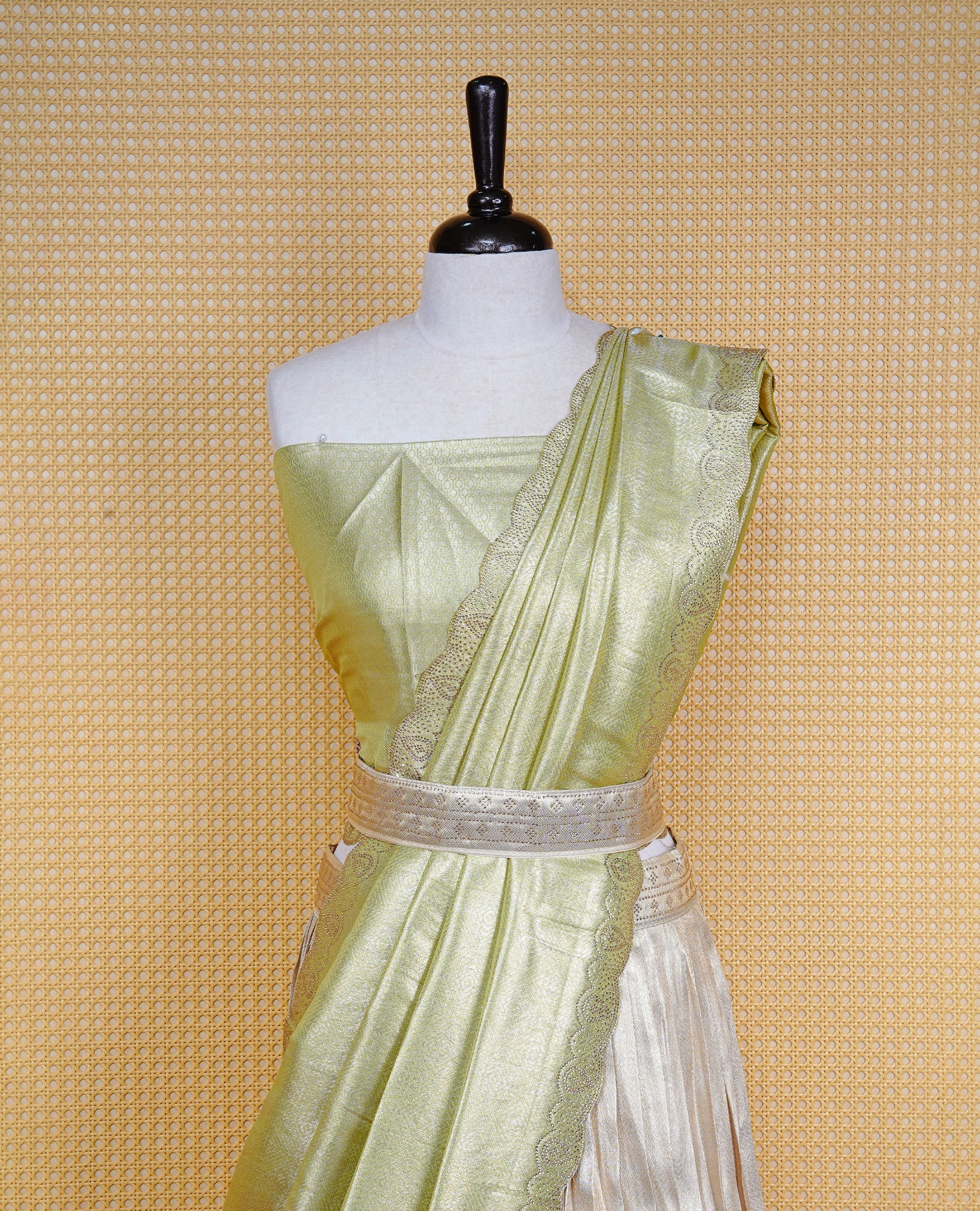 Light gold & Light Green Semi Stitched Dhavani Set Light Gold Skirt With Floral Pattern & Stone Worked Border, Paired with Unstitched Blouse, Elegant Dupatta For Prefect look.