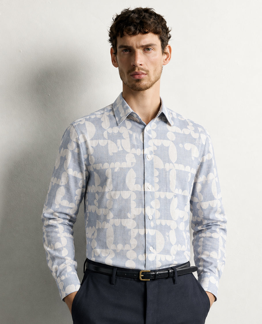Cream & Light blue colour shirt Geometric pattern body, Full sleeve.