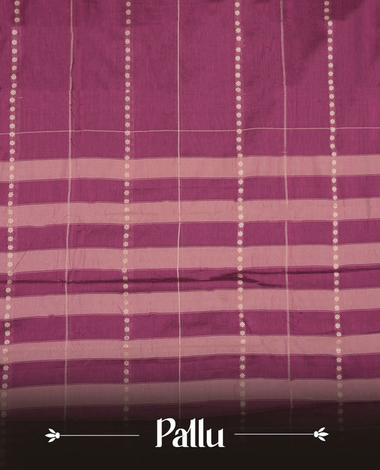 Magenta purple colour Narayanapattu cotton saree featuring a Cream colour stripped body, contrast black colour with cream zari border and pallu, pairing a matching blouse piece.