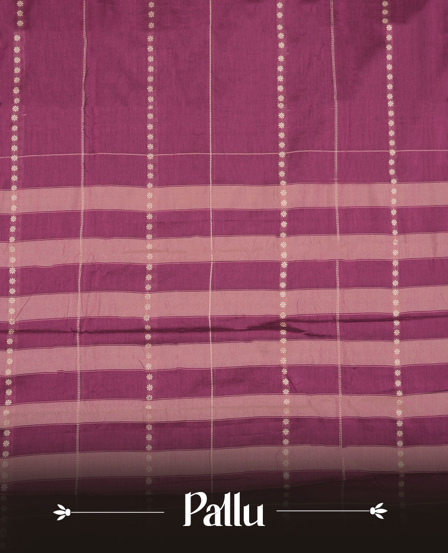 Magenta purple colour Narayanapattu cotton saree featuring a Cream colour stripped body, contrast black colour with cream zari border and pallu, pairing a matching blouse piece.