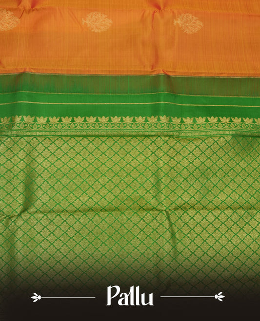 Mustard yellow pure traditional Kancheepuram silk saree adorned with gold zari motifs across the body, featuring elegant and simple contrast light green zari traditional borders, beautifully paired with a matching blouse piece.