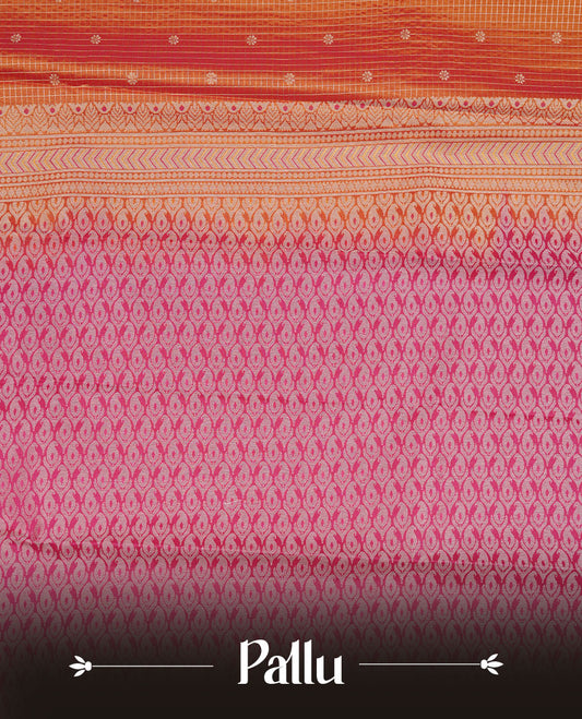 Orange colour soft silk saree featuring Gold zari check & motifs on body, complemented by contrast magenta colour with traditional border, paired with matching blouse piece.