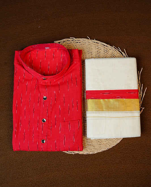 Red Colour Full-Sleeve Kurtha with Strip Prints, Paired with a Cotton Double Dhoti Featuring Matching Prints.