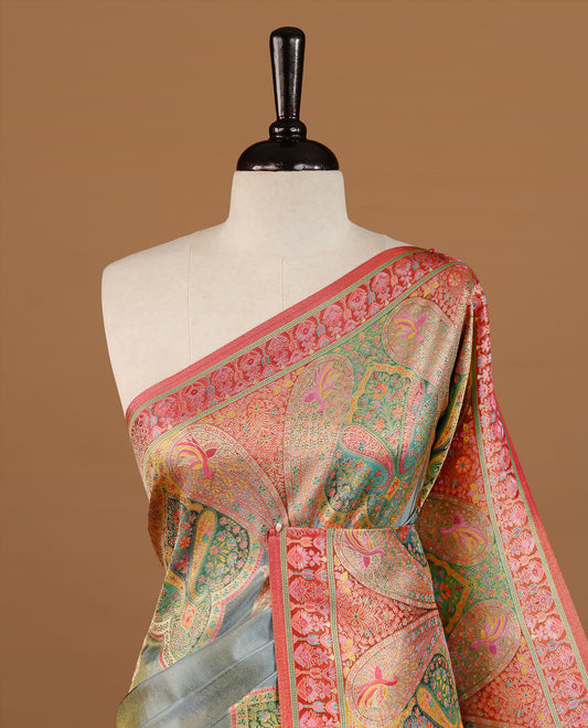 Grey colour Pashmina Saree featuring a plain lustrous body, a multicolour traditional woven border, a rich traditional woven pallu with intricate paisley motifs, paired with a matching grey blouse.