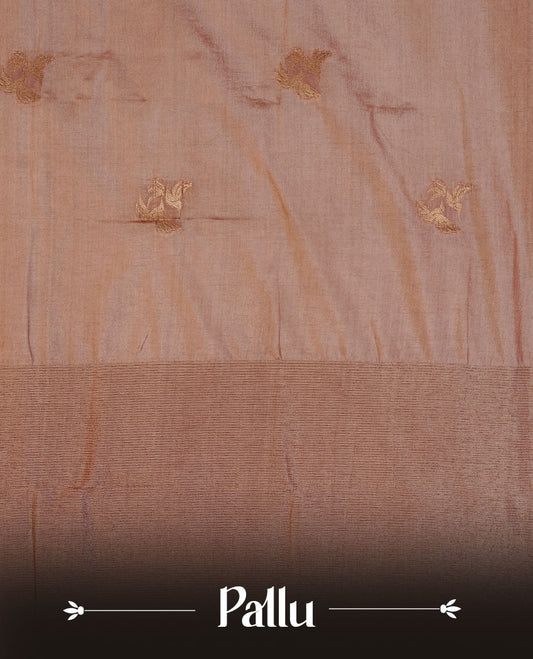 Coffee colour semi banaras tussar silk saree highlighting gold zari bird motifs on body, complemented by self colour with antique zari border, paired with matching blouse piece.