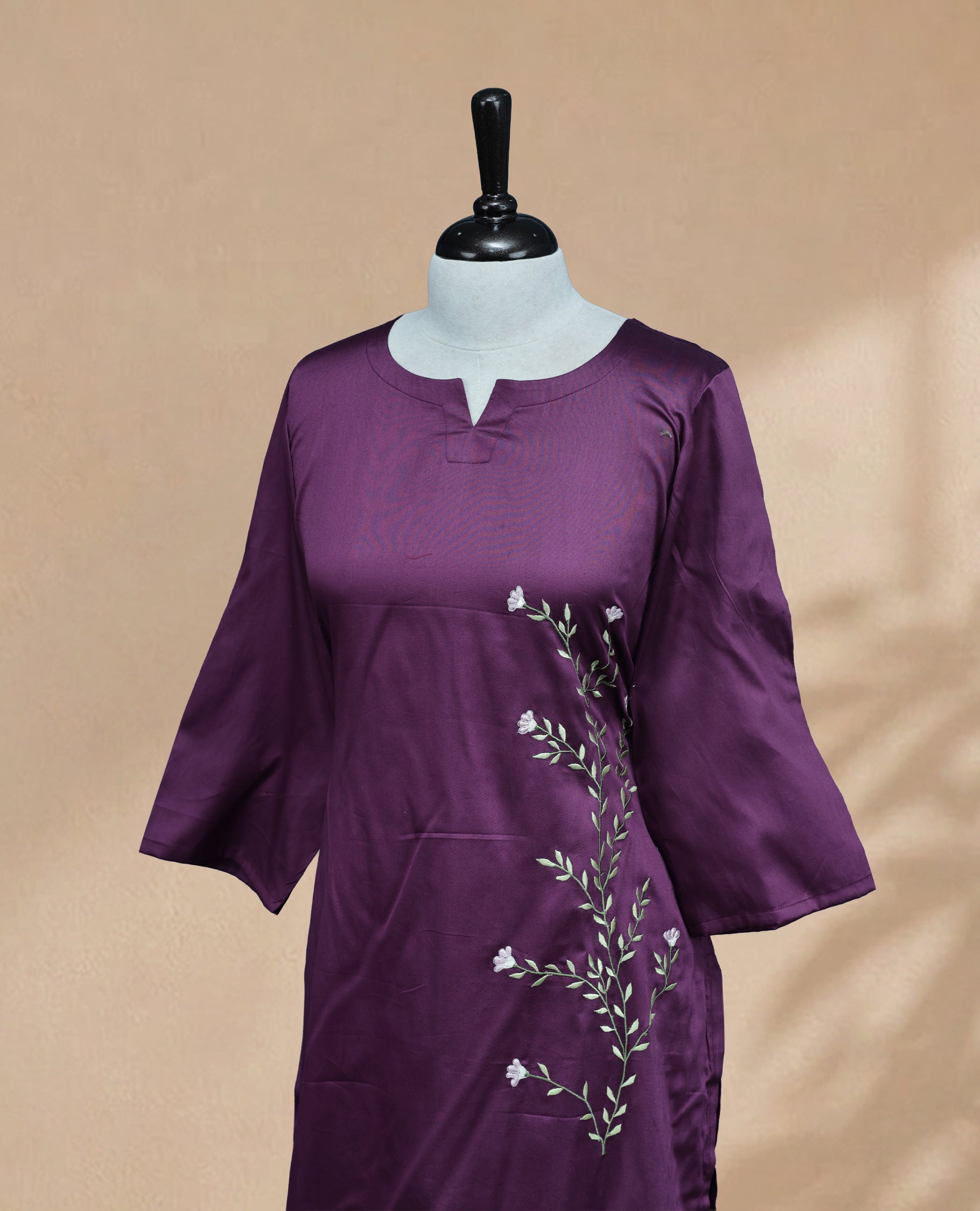 Purple Colour Kurti Featuring U-Shaped Neckline, delicate  floral vine embroidery Work On Body & Sleeve
